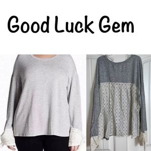 NEW Good Luck Gem Gray Lace Back Scoop Neck Sweater Size 2X
